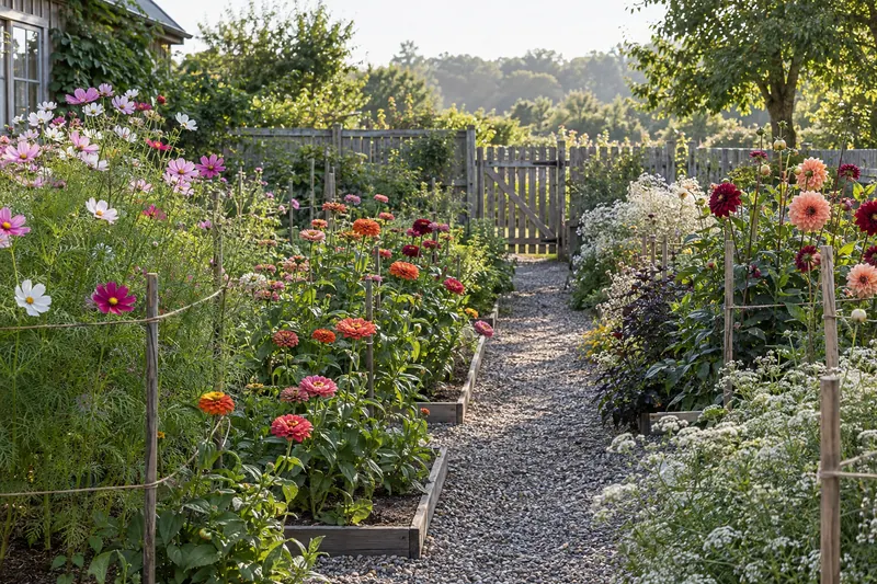 Rows of cutting flowers separated by clear gravel paths