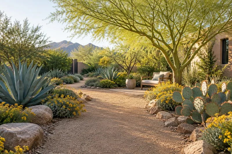 Spaced desert planting, sculptural succulents and a broad gravel path