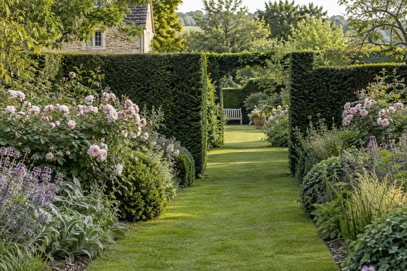 A mown path through clipped hedge openings with rose and perennial borders