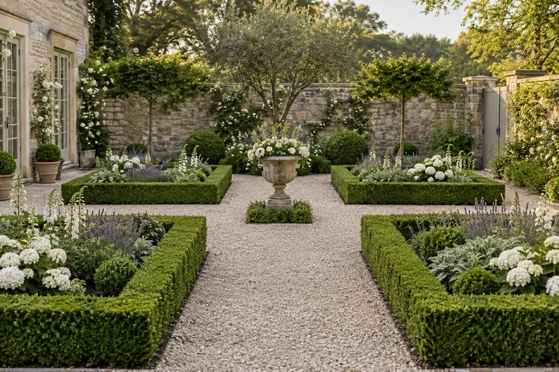 Four symmetrical planted beds with clipped low hedges and gravel cross paths