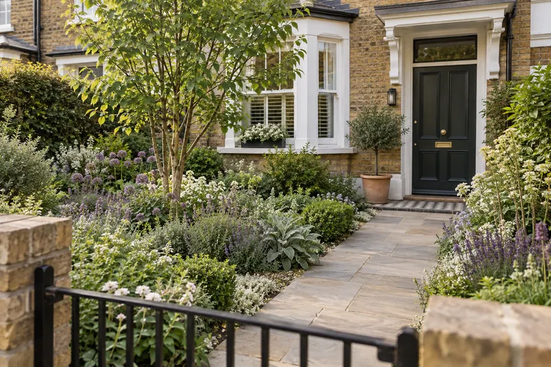 A planted front garden with a clear path to a brick house and a small tree