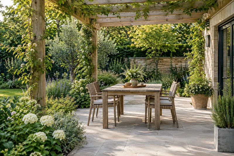 A wooden dining table on a planted terrace beneath a timber pergola