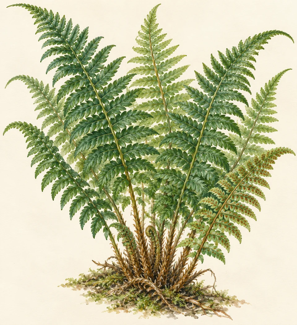 Dryopteris filix-mas — Illustration of male fern: a representative form, with cultivar and growing conditions still to check.