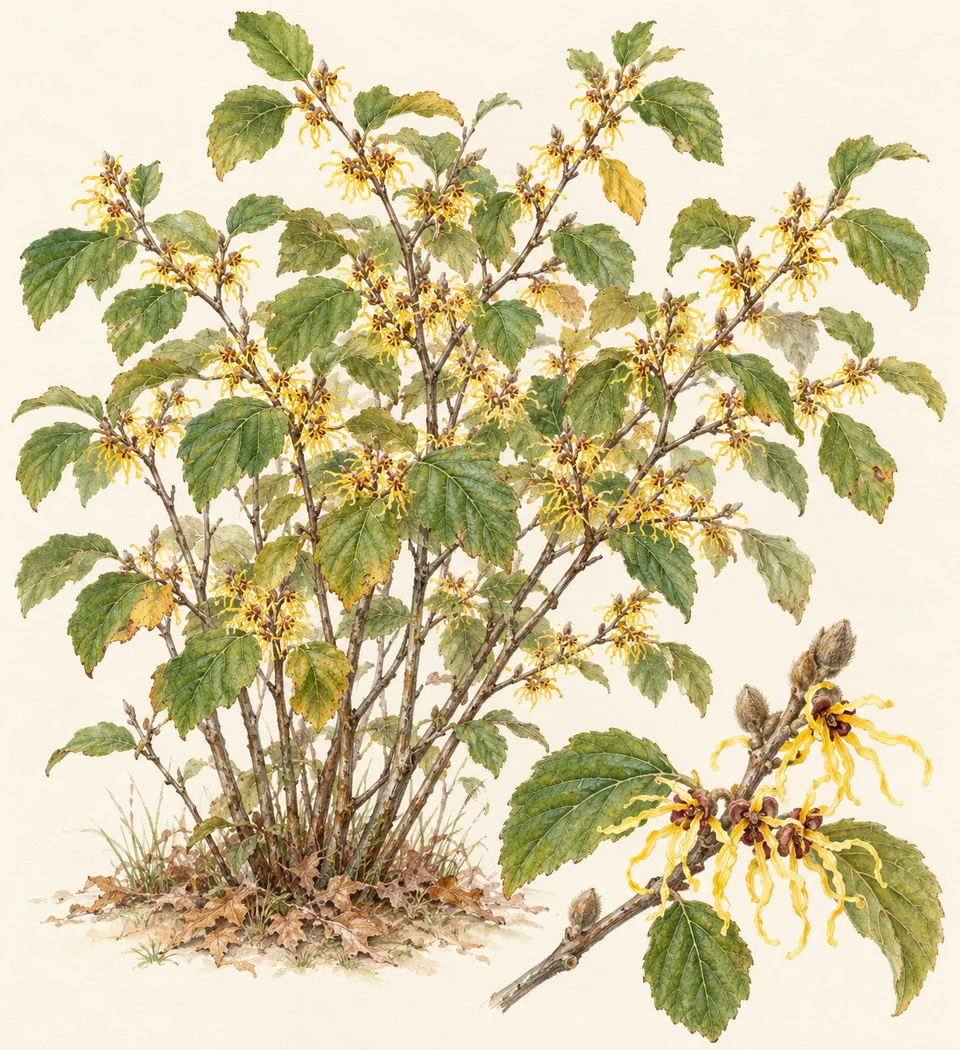 Hamamelis virginiana — Illustration of american witch hazel: a representative form, with cultivar and growing conditions still to check.