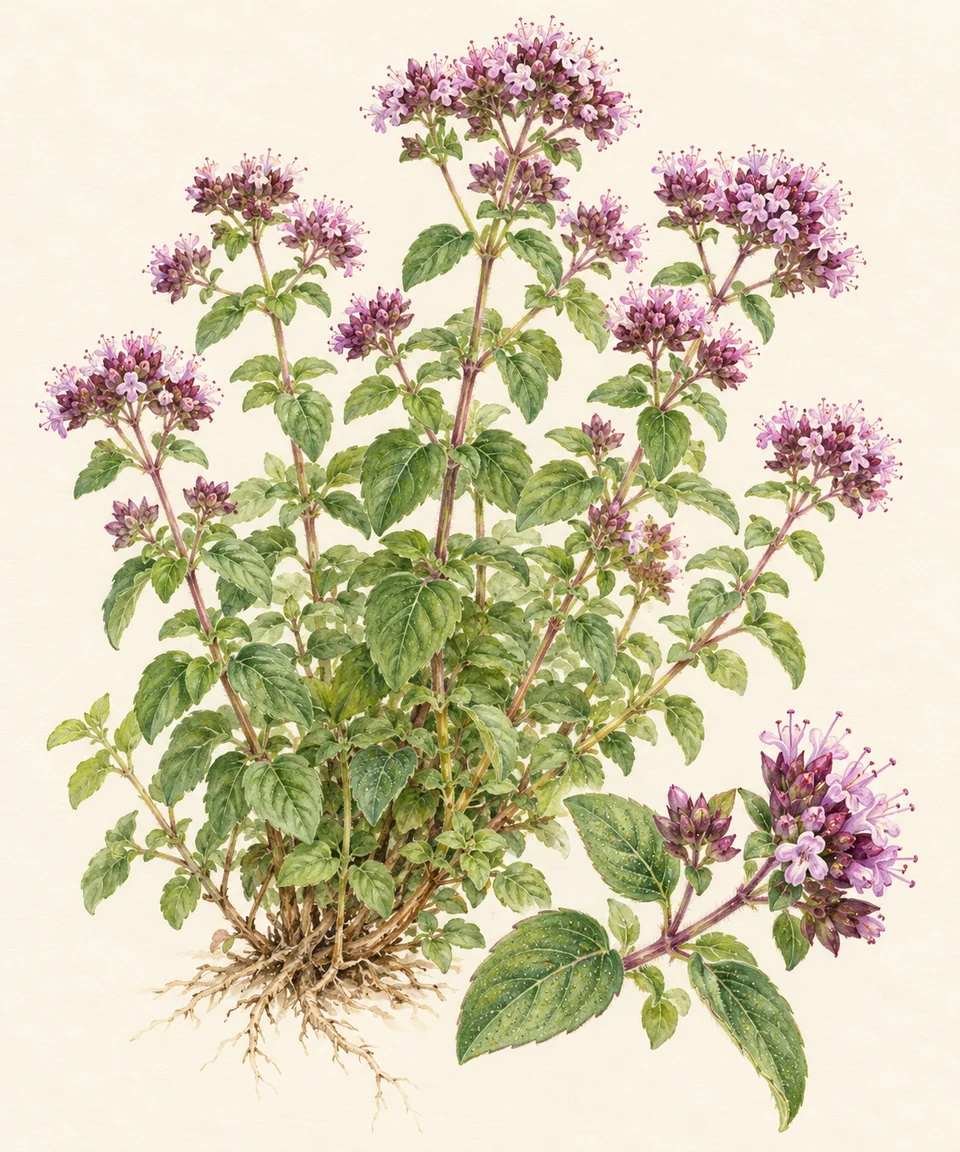 Origanum vulgare — Illustration of oregano: a representative form, with cultivar and growing conditions still to check.