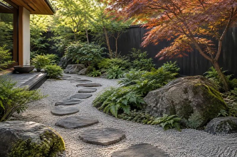A quiet garden with stepping stones, weathered rocks, fine gravel and a maple