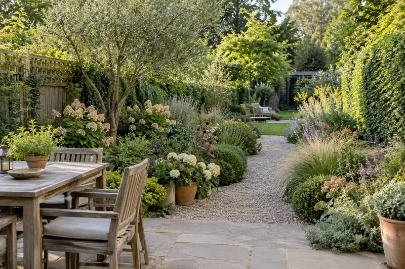 A long garden with layered borders, an offset gravel path and seating at the far end