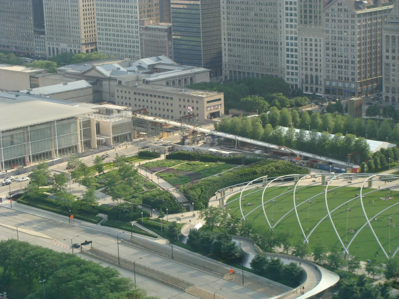 Lurie Garden and adjoining Millennium Park seen from above; the planted garden is toward the centre-left.