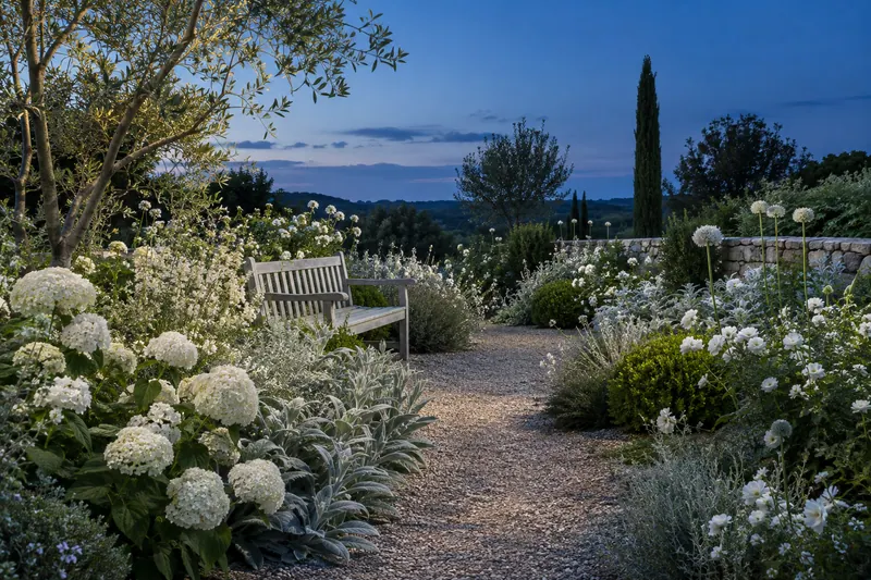White flowers and pale foliage beside a garden path at dusk