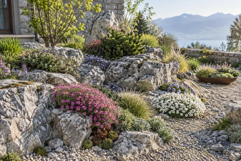 Low flowering alpine cushions between limestone rocks and fine gravel