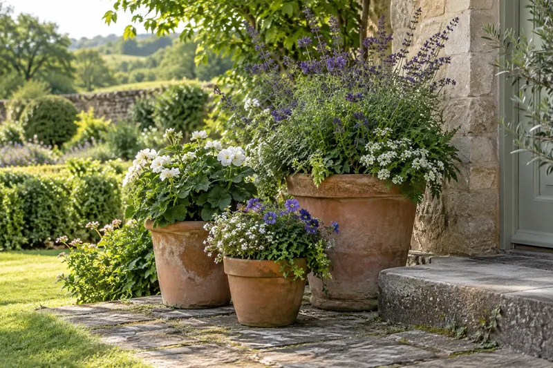 Terracotta pots with purple and white flowers beside a stone doorstep