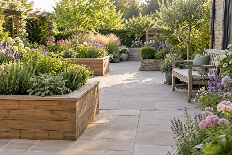 Herb planters, flowering borders and a seat beside broad smooth garden paving