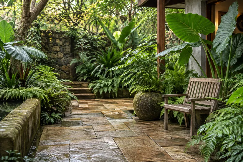 Broad tropical leaves and ferns around a sheltered courtyard seat