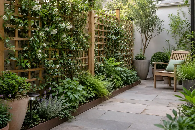 Climbing plants on a timber trellis beside a small courtyard seating area