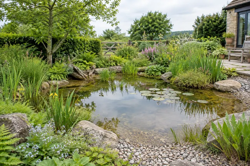A small garden pond with a shallow planted edge and open water